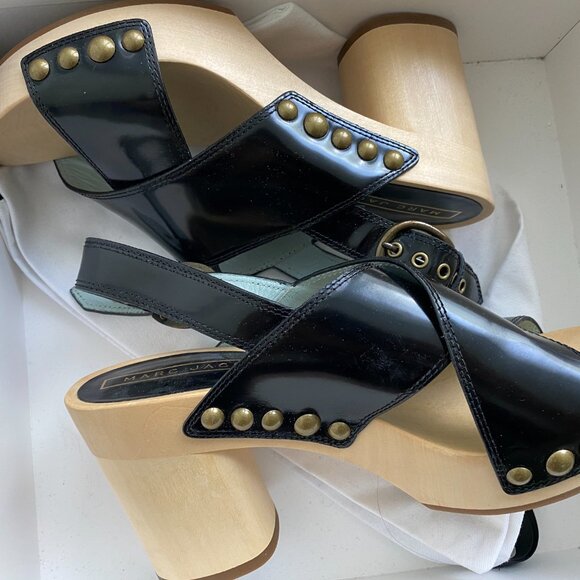 Marc Jacobs Linda Crisscross Sandal Wooden Clogs, Black Spazzolato Leather, 38 - Picture 2 of 7